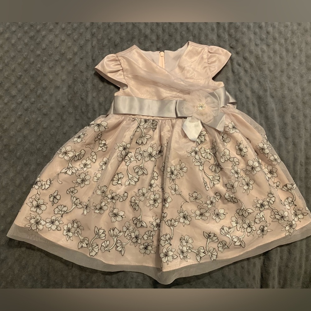Bonnie Baby Dusty Pink and Silver Embroidered Gown  in 12M